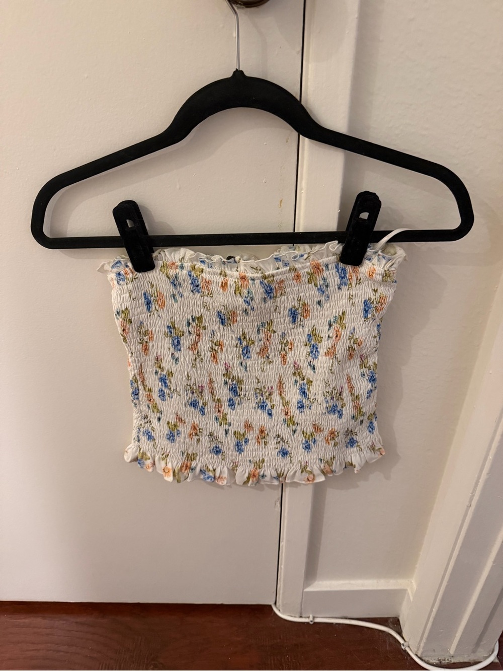 Zara White Smocked Floral Crop Top with Blue & Orange Print